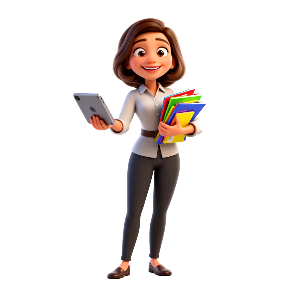 Professora 3D sorridente segurando tablet e materiais didáticos